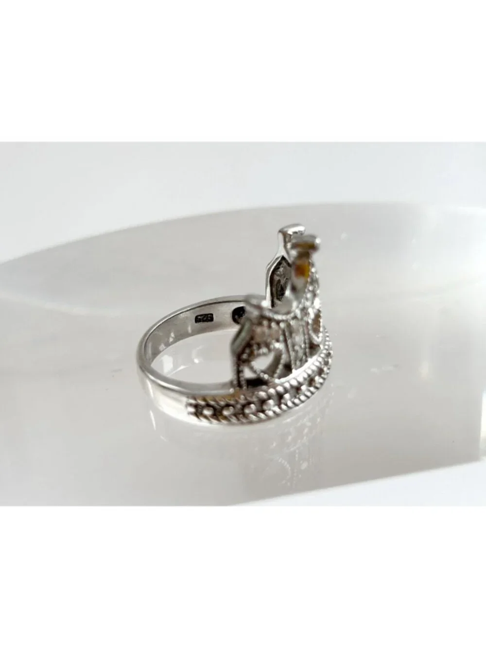 Crown Shaped Milgrain CZ Stone Beaded Sterling Silver 925 Vintage Ring - sz 6